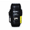 A black Blazer CG-001 Cigar Torch Lighter with a textured grip, side release latch, clear front window showing a silver interior, and a yellow warning label, set against a plain white background.