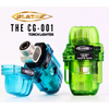 Two translucent torch lighters from Blazer, one in blue and one in green, displayed on a white background with the Blazer logo and model name 'THE CG-001 TORCH LIGHTER' printed at the top.