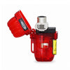 A red translucent Blazer CG-001 Cigar Torch Lighter with its cap open, showing a silver metal nozzle and black internal mechanism. The lighter has a yellow warning label on the side and a black-and-white brand sticker on the cap.