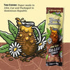 A single Blaze Susan tea leaf cone packet shown beside an illustrated tea pitcher, leaves, daisies, and coffee beans on a tan background, with text stating tea cones are paper made in the USA and cut and packaged in the Dominican Republic.