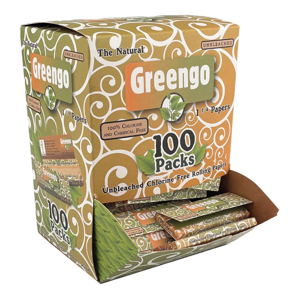 Greengo Unbleached Regular Size 1 1/4 Rolling Papers Towerbox