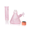 A pink textured glass water pipe set on a white background, featuring a conical main body with a side bowl, a separate matching pink textured glass mouthpiece, and a small orange-and-black mouthpiece cap.