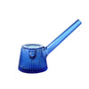 A NWTN Home translucent blue glass water pipe with a ribbed, flared base and a long, angled stem, shown on a solid white background.