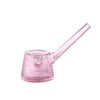 A NWTN Home pink ribbed glass water pipe with a tapered bowl and a long angled stem, shown on a plain white background.