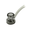 A clear NWTN Home glass water pipe with a curved bowl and a long, angled stem, shown on a solid white background.