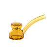 An amber yellow glass water pipe with a curved bowl and a short stem, isolated on a white background.