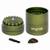 An olive green metal herb grinder set shown disassembled on a white background, including the main cylindrical body, the top grinding chamber with radial teeth, a small black cleaning brush, and a black plastic striker with an orange Ongrok logo.